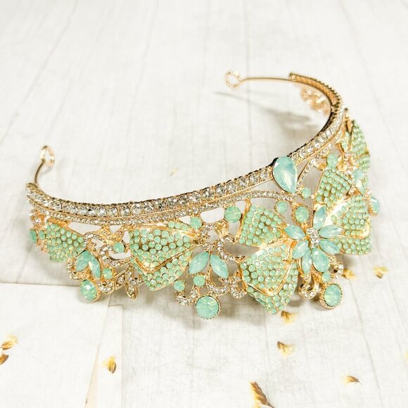 Lime Green Crown, Royal Princess Tiara, Gold Gemstone Crown, Quinceanera Tiara - Picture 8 of 10